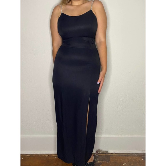 Gunnie Sax Black Tight Midi Dress with Front Leg Slit & Rhinestone Straps 9/10 - Picture 16 of 16